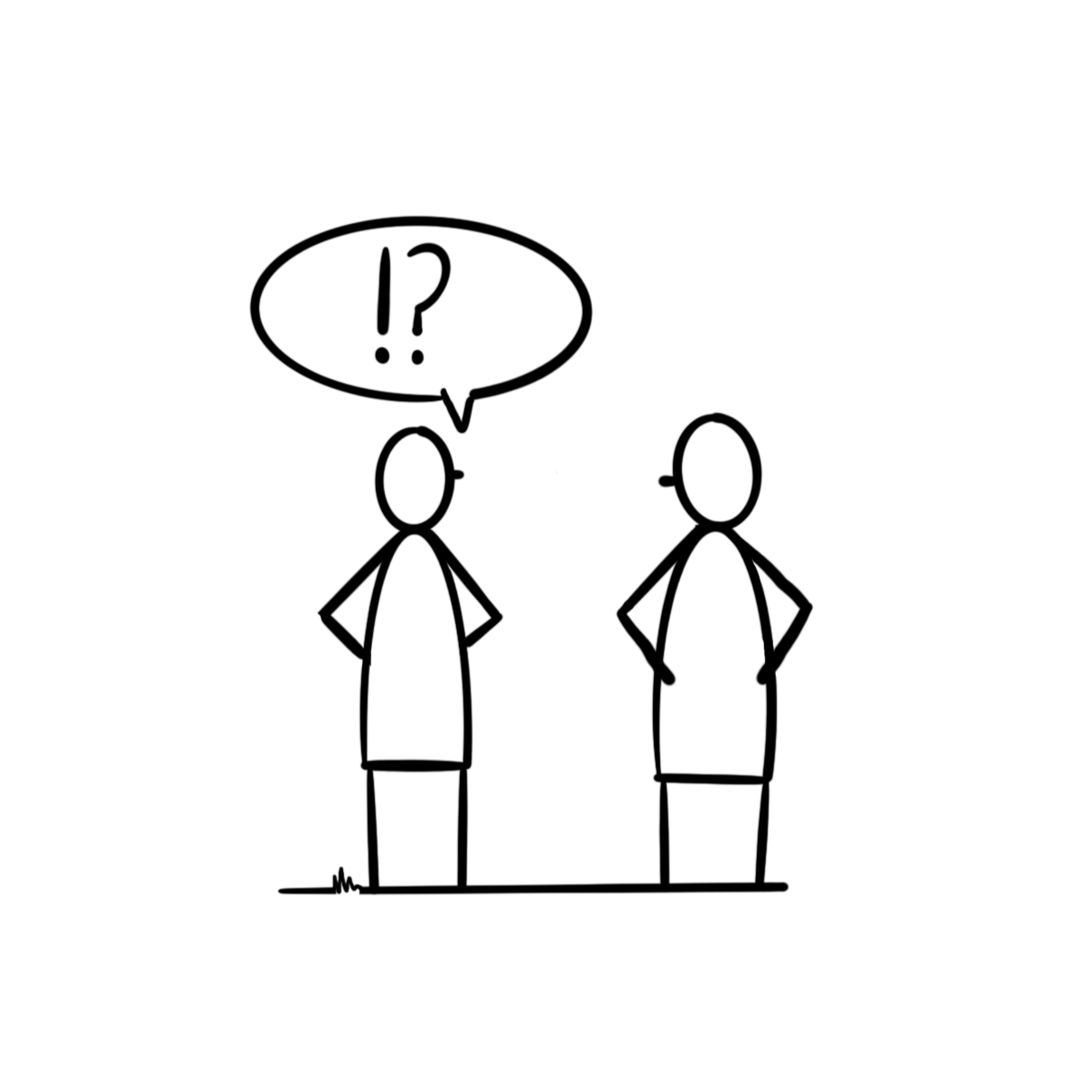 Het linker poppetje stelt een kritische vraag aan het rechterpoppetje, dit wordt afgebeeld met een !?.