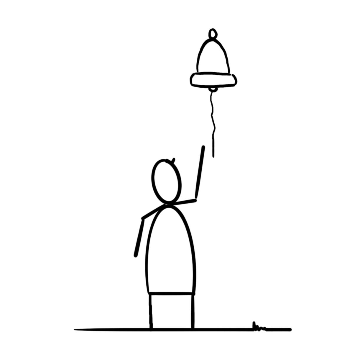 Een poppetje die op het punt staat aan het koort van een grote bel te trekken.