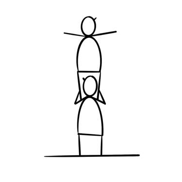 een lijnpoppetje staat bij een ander poppetje op zijn schouders