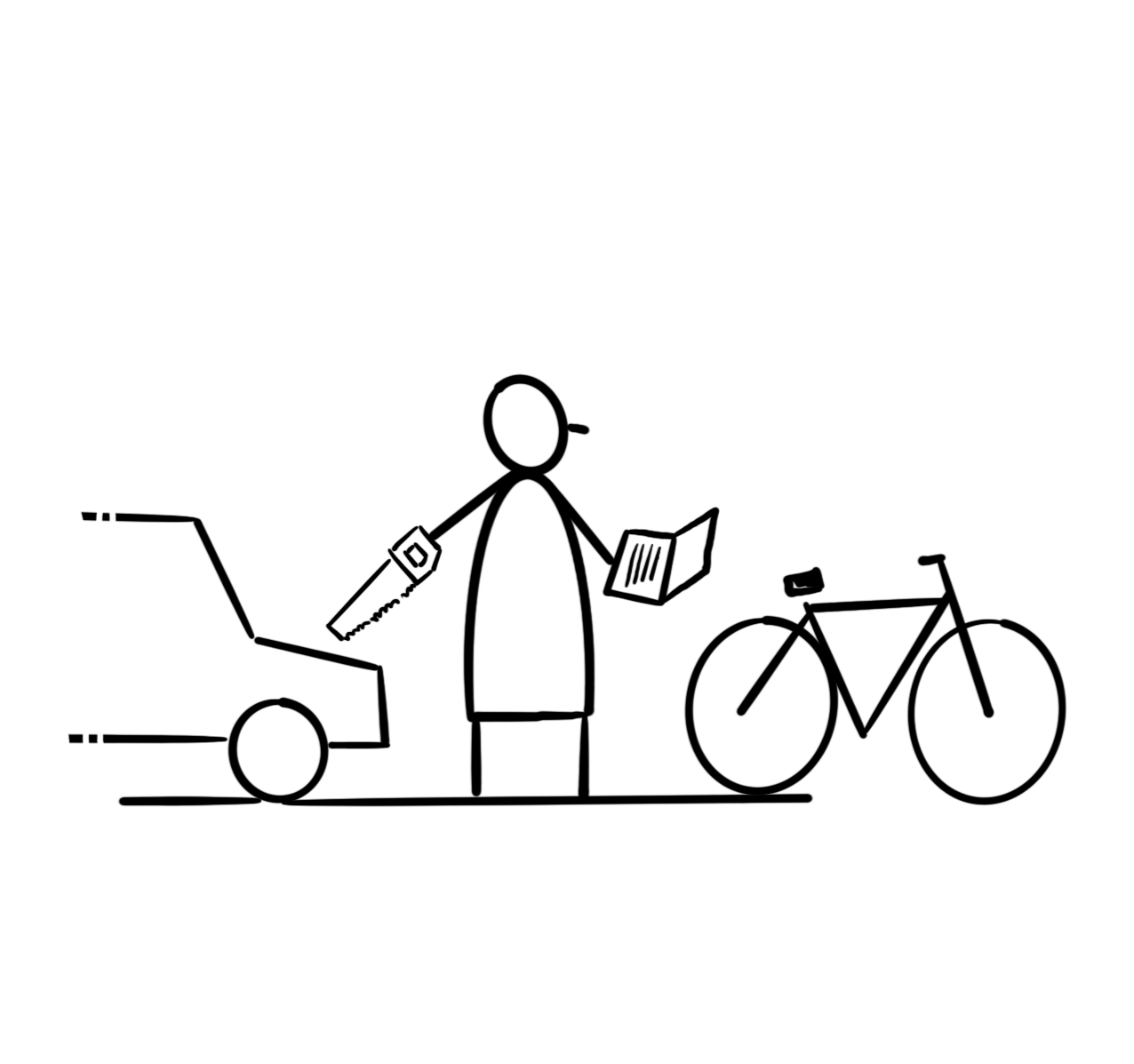 een poppetje met een zaag en een laptop in zijn handen, links naast het poppetje staat een auto en rechts een fiets.