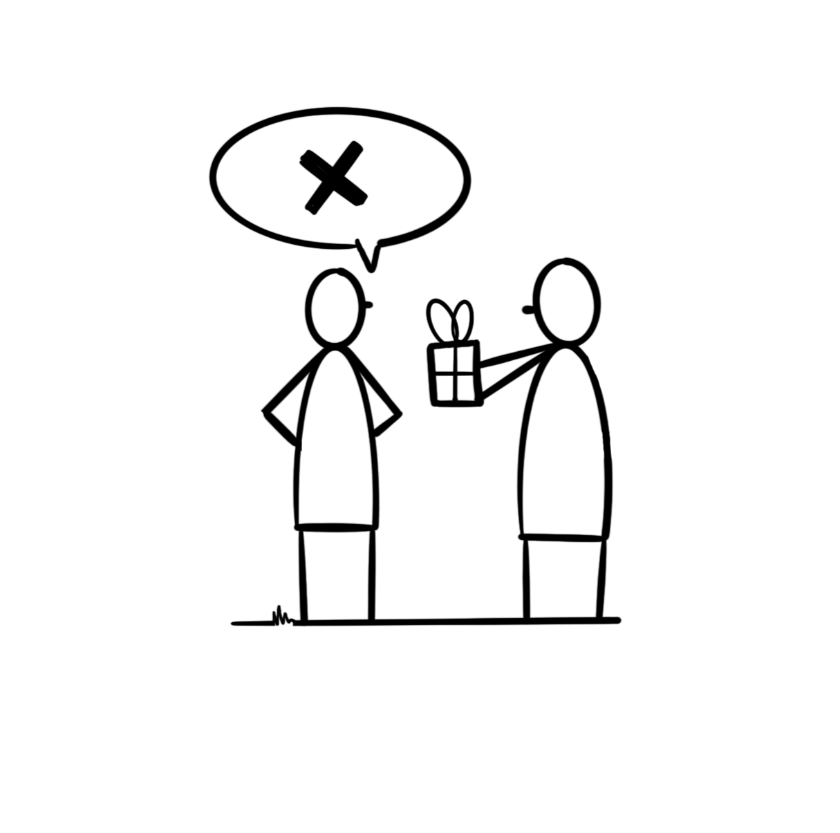 Rechter poppetje geeft linker poppetje een cadeau, Linkerpoppetje weigert het cadeau.